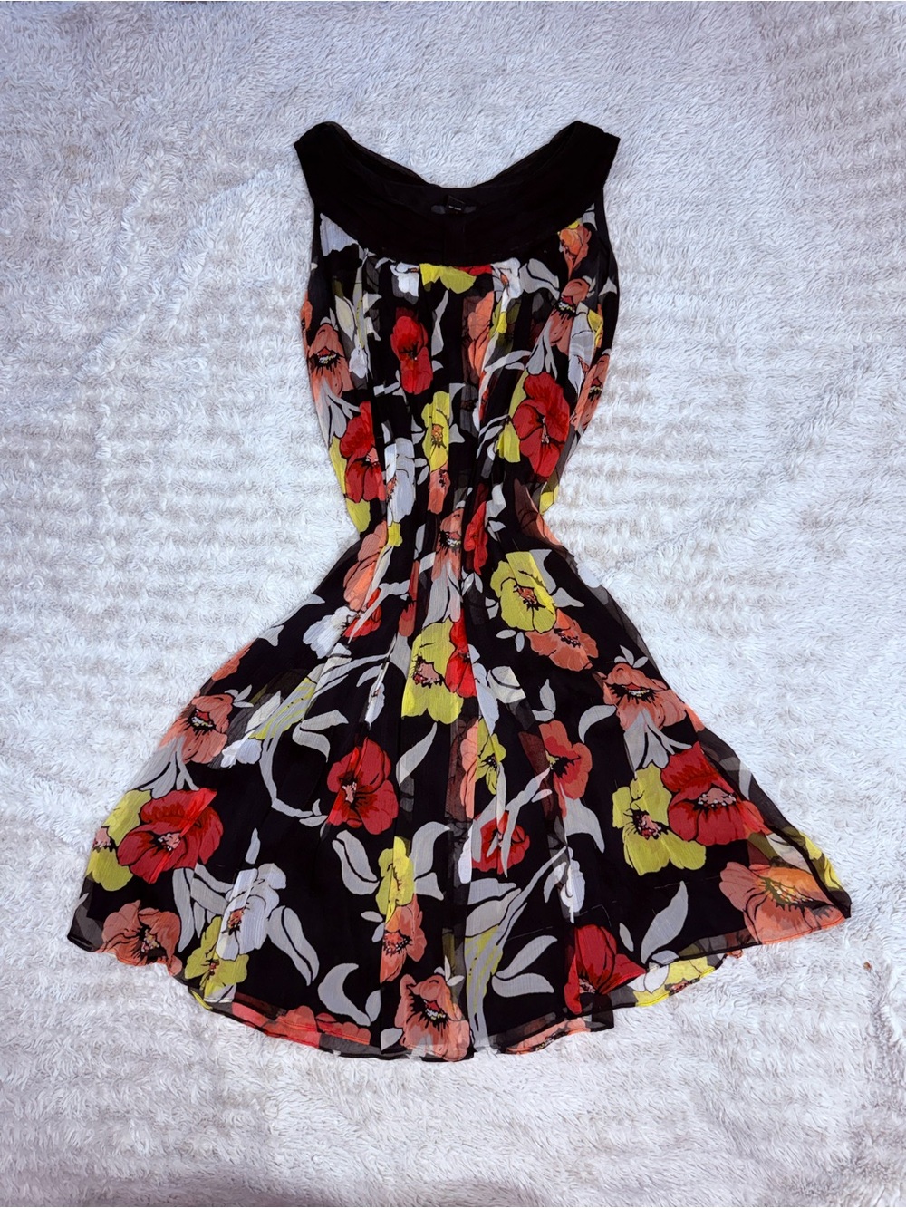 Vintage Floral Silk Flowy Dress in Black with Red & Yellow Blooms